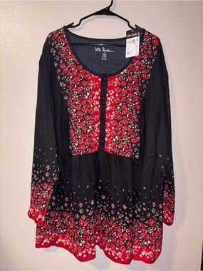 Ulla Popken Black and Red Floral Plus size Button-Front Tunic shirt